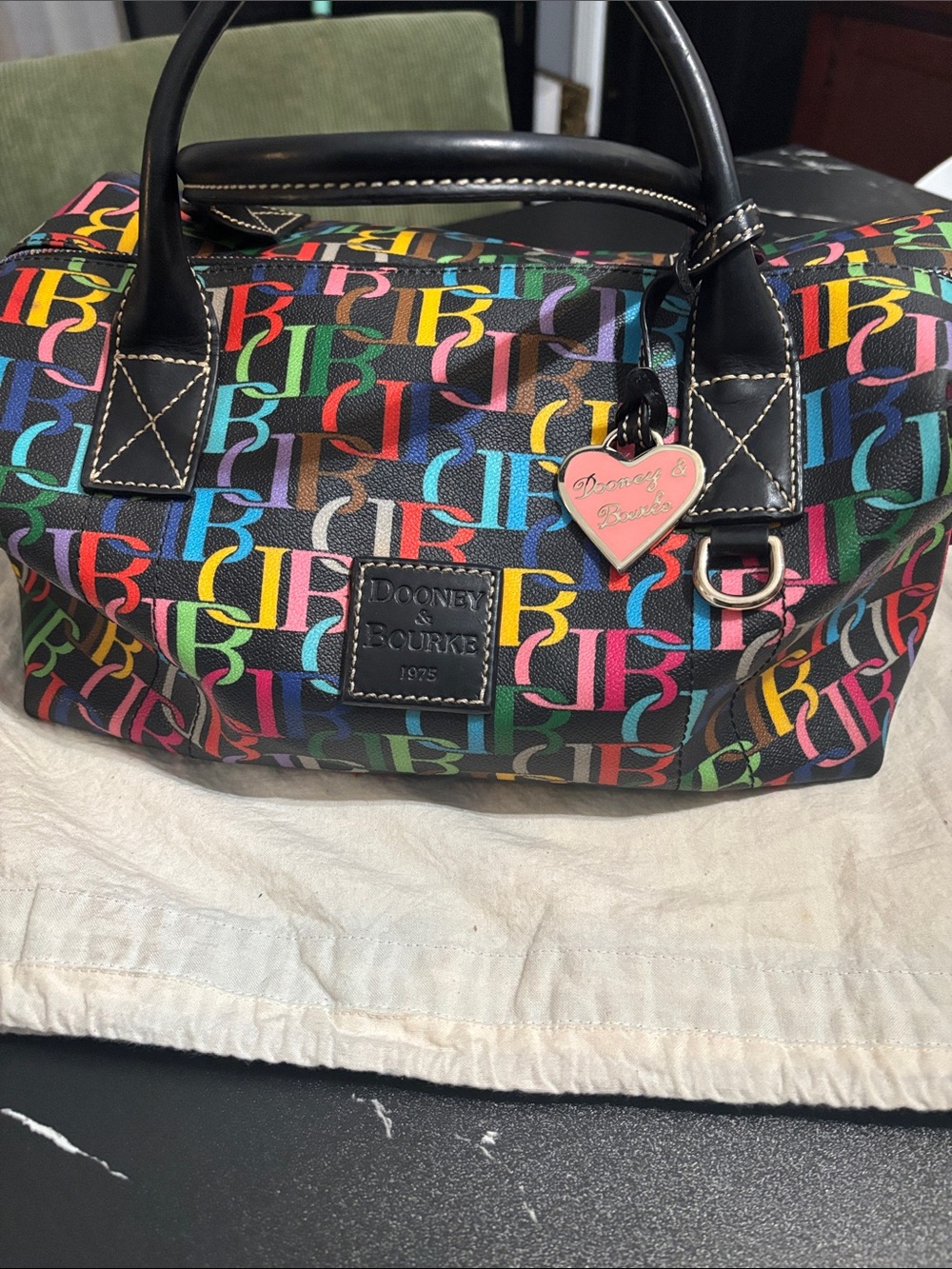 Dooney & Bourke Multicolor Logo Satchel with Black Trim and Pink Heart Charm